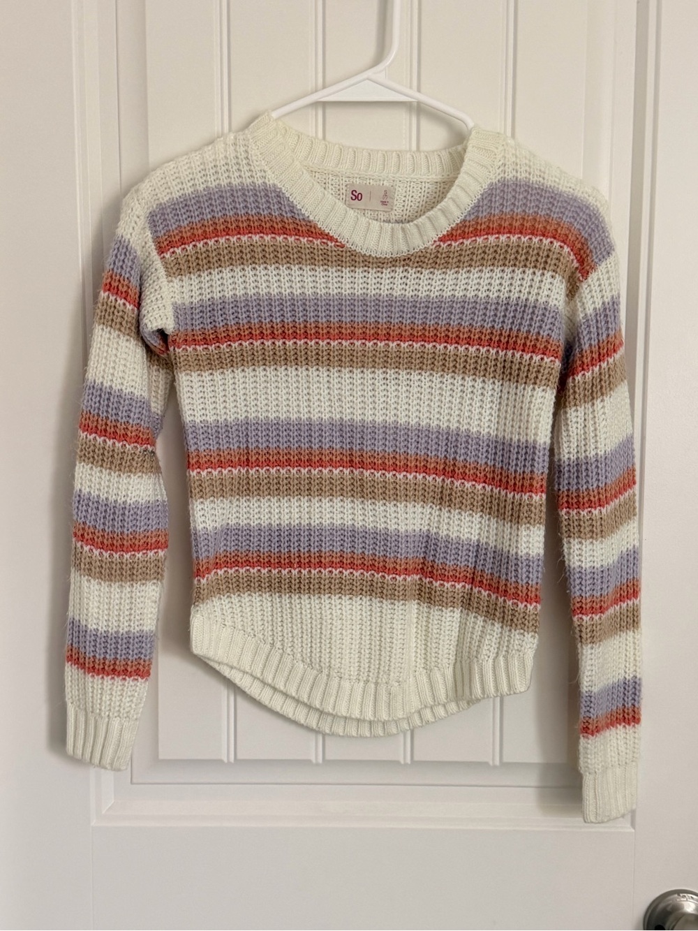 SO Cream Crewneck Sweater with Lavender, Tan & Coral Stripes